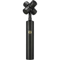 Black condenser microphone head with dual mesh grille and round body