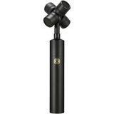 Black condenser microphone head with dual mesh grille and round body