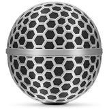 Gray spherical windscreen with hex-pattern mesh grille cover
