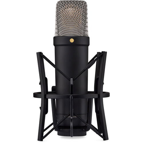 Black studio condenser microphone seated in shock mount with stand legs