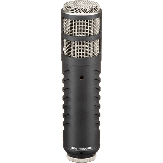 Black dynamic broadcast microphone with metal mesh grille and XLR-style body