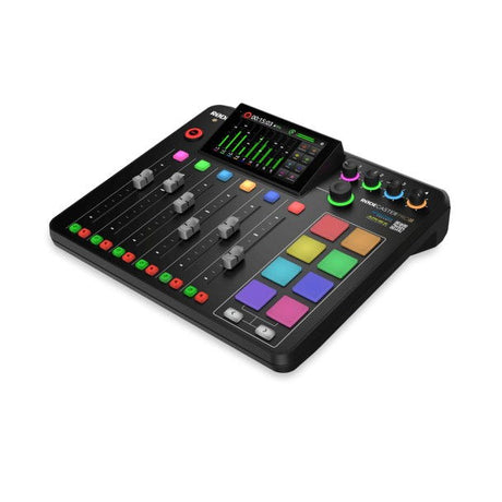 Audio mixer with multicolor buttons, rotary knobs, and channel faders