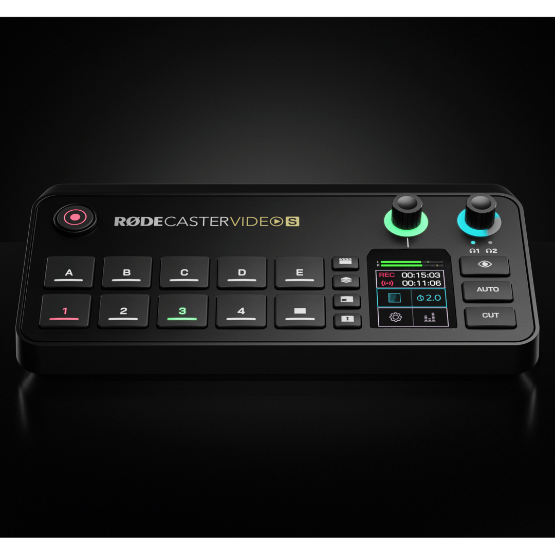 Consolă audio/video all-in-one RODECaster Video S, ecran și butoane verzi