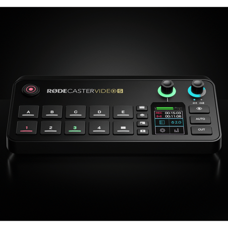 Consolă audio/video all-in-one RODECaster Video S, ecran și butoane verzi
