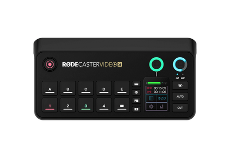 Consolă audio/video RODECaster Video S, panou frontal cu două cadrane verzi