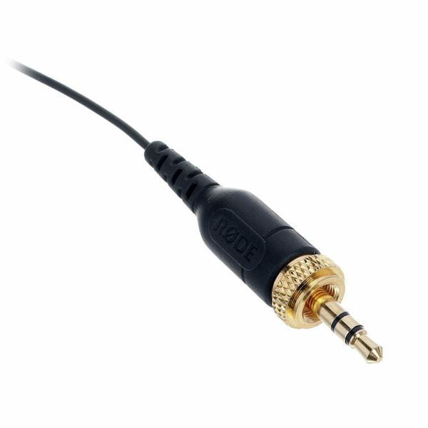 Black lav mic wired 3.5mm TRS plug with gold connector ring