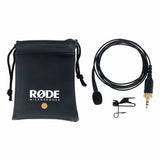 Lavalier mic kit: wired microphone, cable, pouch, and mounting clip
