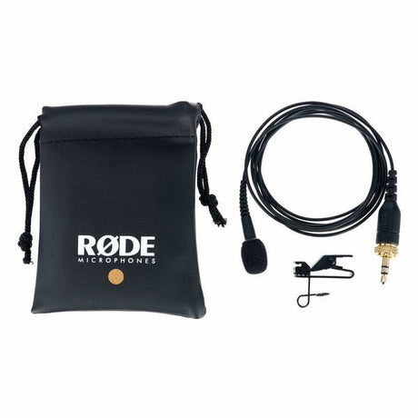 Lavalier mic kit: wired microphone, cable, pouch, and mounting clip