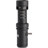 Black compact directional microphone with side pin mount and mesh grille openings