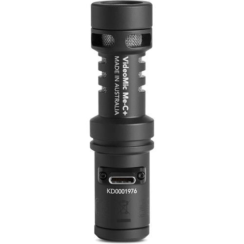 USB-C port end of black directional video microphone, side mesh grille and markings