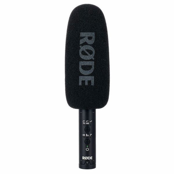Shotgun microphone with foam windscreen and front label, bottom controls and port