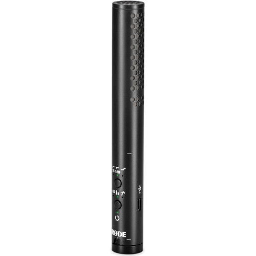 Black shotgun microphone body with textured grille, buttons and gain markings