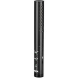 Black shotgun microphone body with textured grille, buttons and gain markings