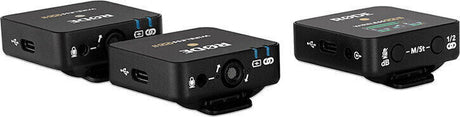 Wireless GO II transmitters with audio/USB ports, black bodies, angled side view