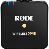 Wireless GO II transmitter/recorder front view, black with Wireless GO II branding and blue LEDs