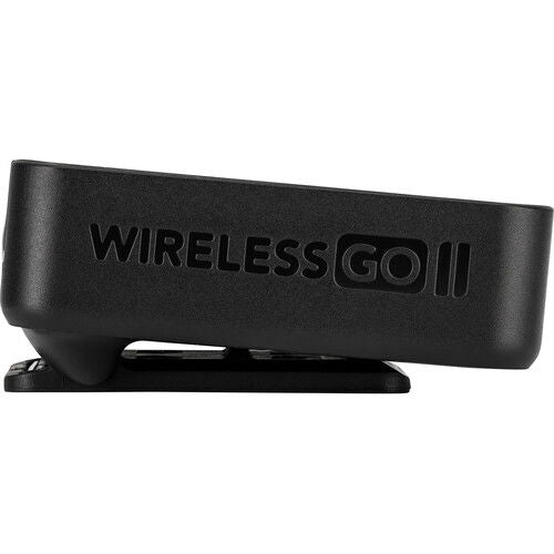 Wireless GO II transmitter/recorder angled view, black body with Wireless GO II badge