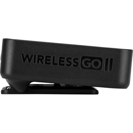 Wireless GO II transmitter/recorder angled view, black body with Wireless GO II badge