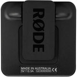 Wireless GO II transmitter/recorder back view, black panel with device markings and certifications