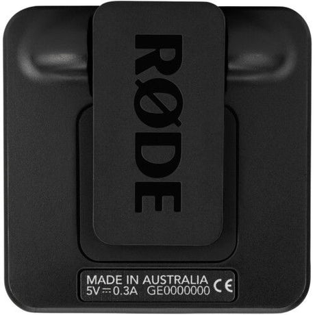 Wireless GO II transmitter/recorder back view, black panel with device markings and certifications