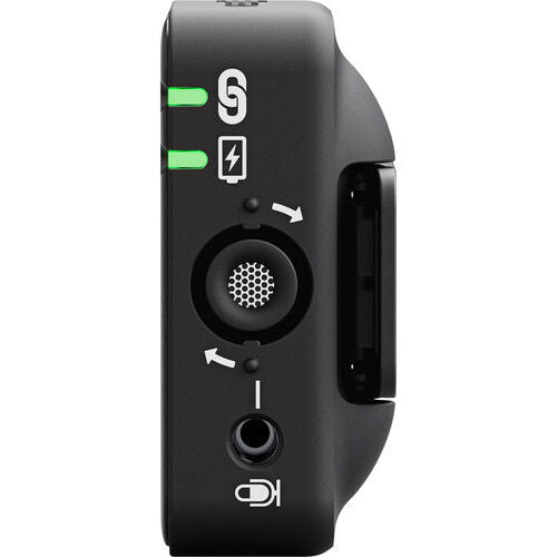 Side panel of black Wireless ME TX transmitter/recorder with speaker grille and control buttons