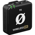 Black Wireless ME TX transmitter/recorder with green latch clips and TX logo