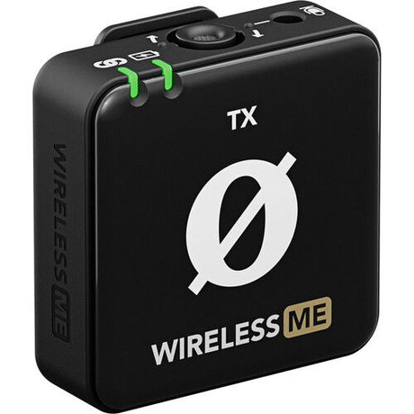 Black Wireless ME TX transmitter/recorder with green latch clips and TX logo