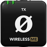 Front view of black Wireless ME TX transmitter/recorder with Wireless ME branding