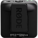 Rear panel of black Wireless ME TX transmitter/recorder with rec icon and Made in Australia