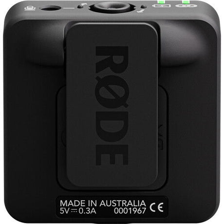 Rear panel of black Wireless ME TX transmitter/recorder with rec icon and Made in Australia