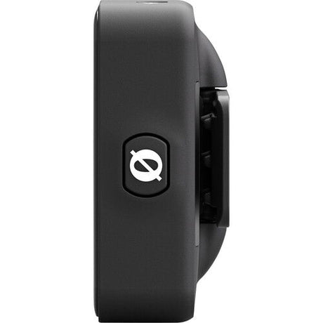 Side view of black Wireless ME TX transmitter/recorder with control icon and side ports