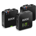 Set Rode Wireless Go III cu receptor și două emițătoare negre, ecran cu niveluri