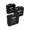 Wireless GO II dual wireless microphone transmitters, black, front and side views