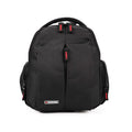 Black photo-video backpack with top handle, zip front panel, red accents and logo patch.
