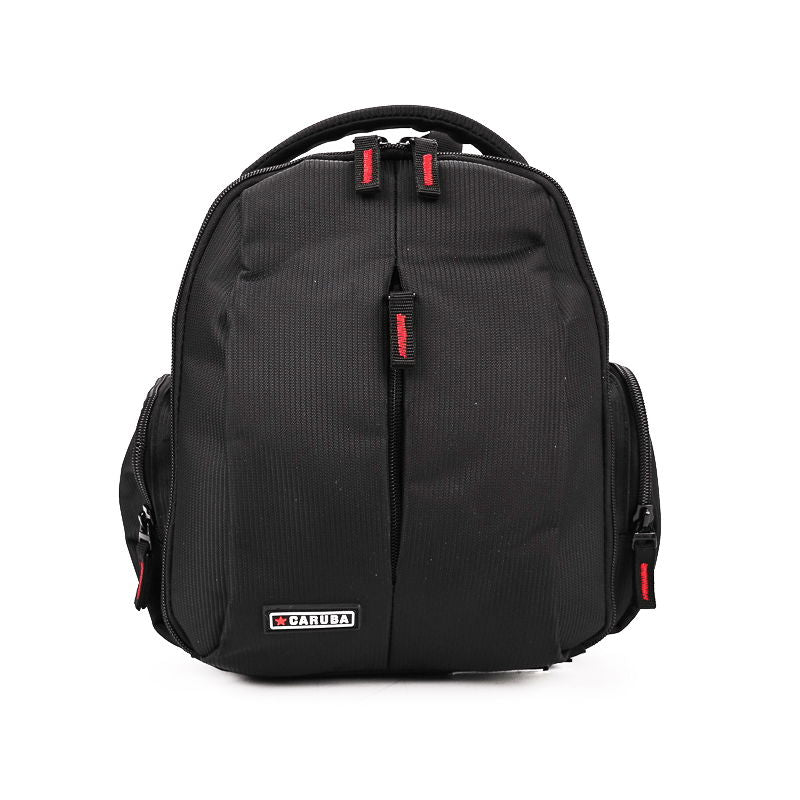 Black photo-video backpack with top handle, zip front panel, red accents and logo patch.