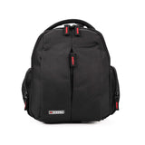 Black photo-video backpack with top handle, zip front panel, red accents and logo patch.