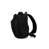 Black compact camera backpack with side carry handle, shoulder strap, and front zip pocket.