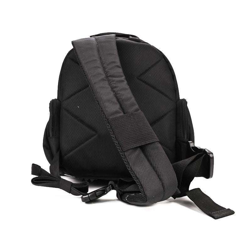 Black photo backpack with adjustable shoulder strap and padded back panel, side zip pocket.