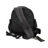 Black photo backpack with adjustable shoulder strap and padded back panel, side zip pocket.