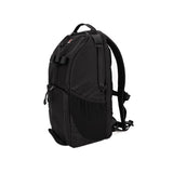 Black camera backpack rear view with shoulder straps and padded back panel