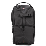 Black camera backpack with front harness straps and zip pocket, compact Skydex 10