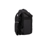 Black camera backpack front-side view with side compartment and webbing straps