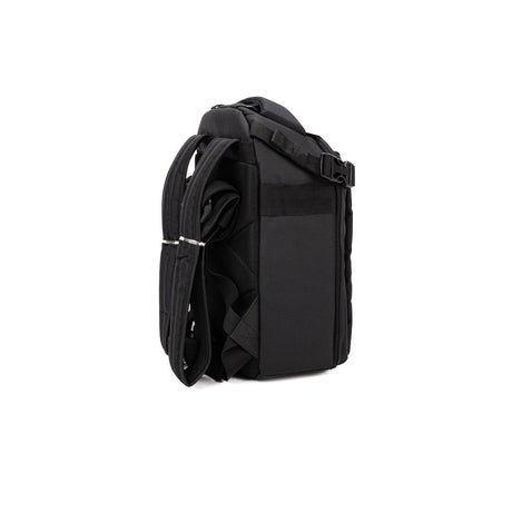 Black camera backpack front-side view with side compartment and webbing straps