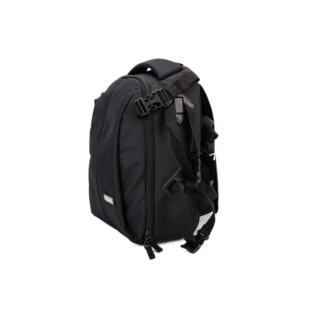 Black camera backpack side view with front zipper and carrying handle