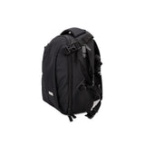 Black camera backpack side view with front zipper and carrying handle