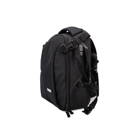 Black camera backpack side view with front zipper and carrying handle