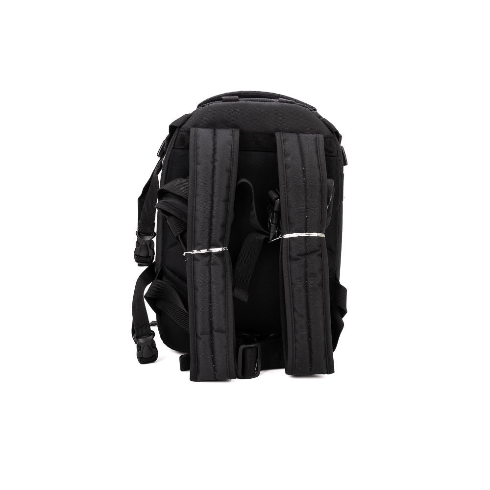 Black camera backpack back view with padded shoulder straps and reinforced panels