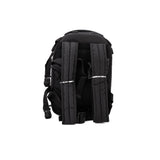 Black camera backpack back view with padded shoulder straps and reinforced panels