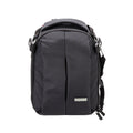 Black camera backpack with front zip pocket and padded top handle, side straps