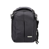 Black camera backpack with front zip pocket and padded top handle, side straps