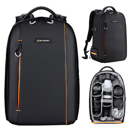 Black camera backpack with top handle, front logo patch, and orange vertical trim line